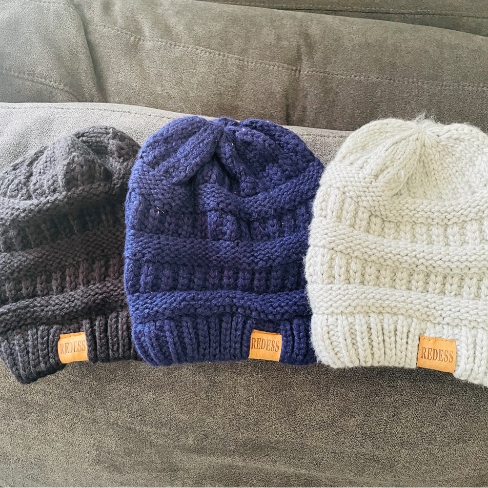 Kids Knitted Beanie Set - Black, Blue, and Grey